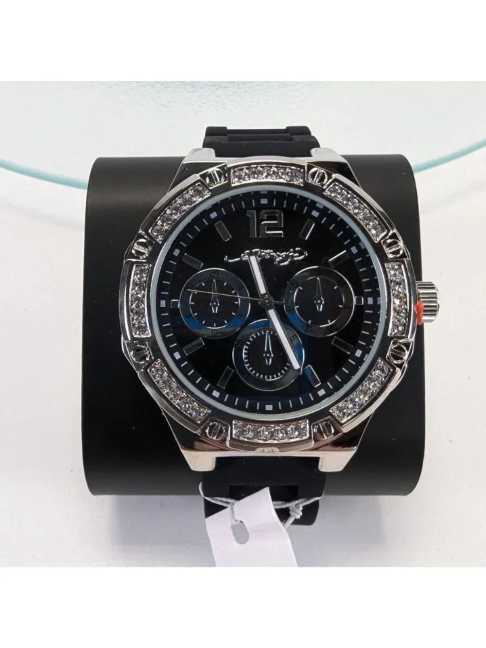 Ed Hardy Mens Black Dial Watch Rhinestone Bezel w Silicone Band NIB
